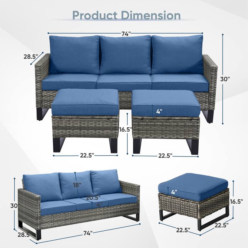 3 Pieces Patio Sofa with Ottoman Furniture