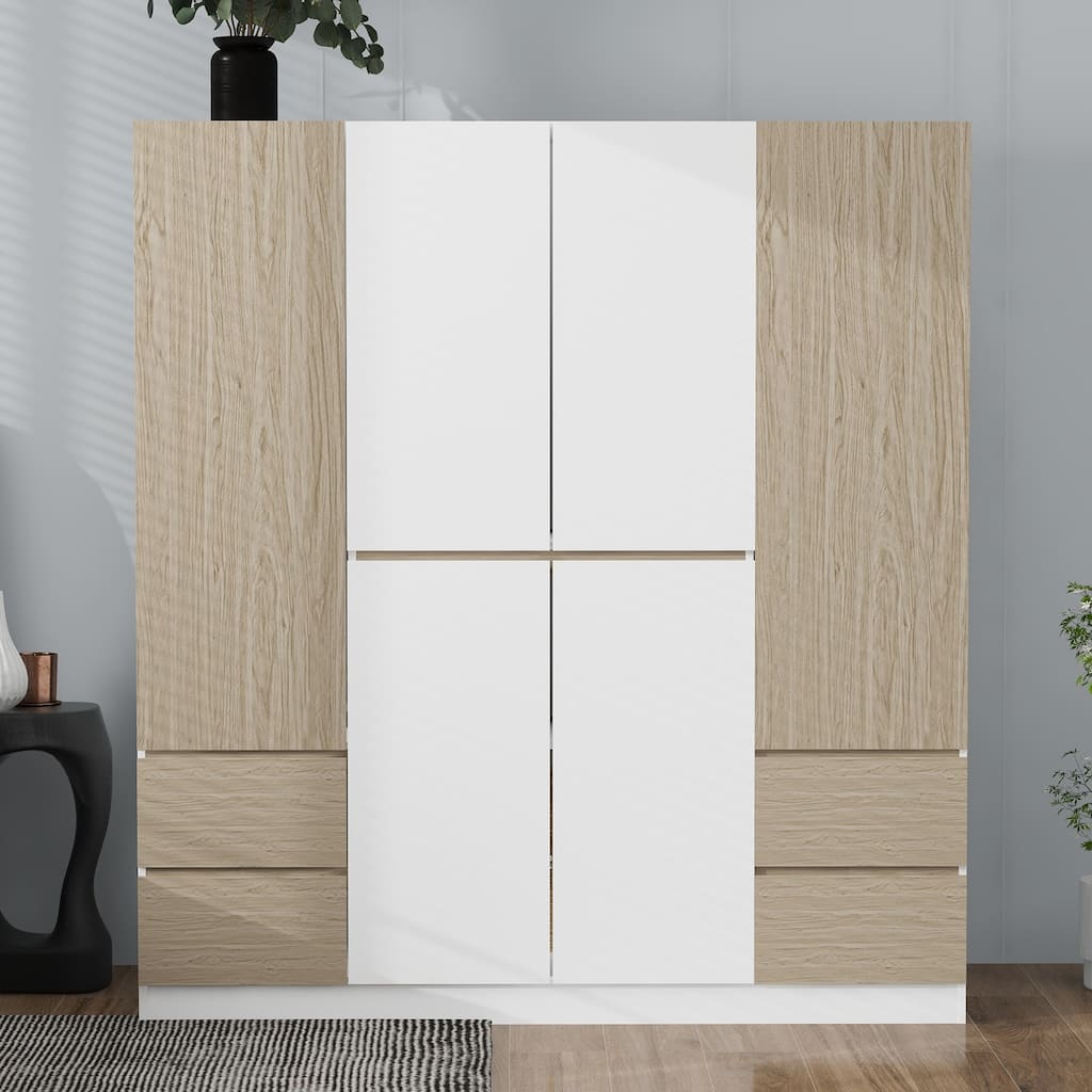 Double Color Wardrobe Armoire 6 Door Armoire Closet with 4 Drawers Wooden Storage Wardrobe with Clothes Rail