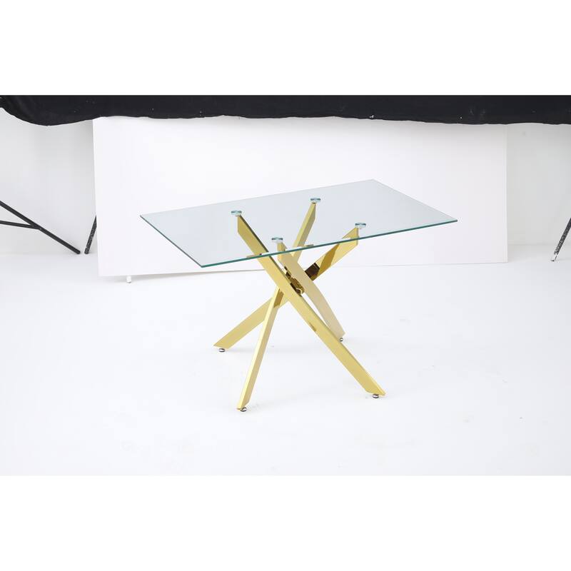 The modern rectangular tempered glass tabletop is paired with a golden iron frame, measuring 47.24 inches in length