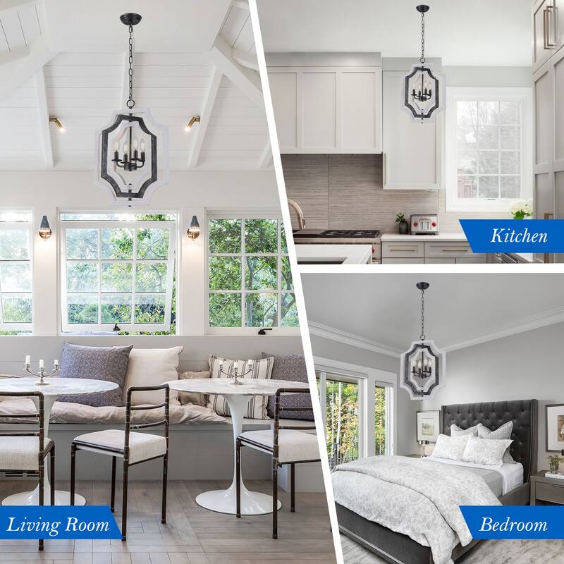 CurveCurio 18" Boho Adjustable Three-Tier Solid Wood Shade Pendant Light w 4 Lights, Austable Hanging Chain Chandelier