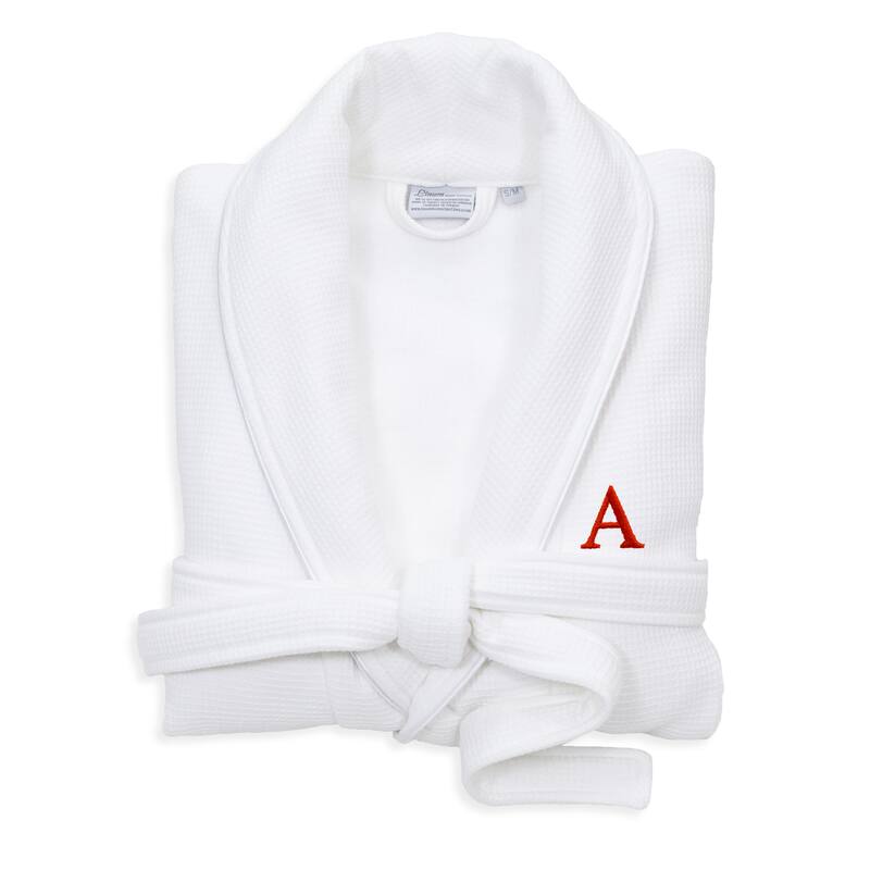 Authentic Hotel and Spa White Unisex Turkish Cotton Waffle Weave Terry Bath Robe with Red Block Monogram - L/XL - A
