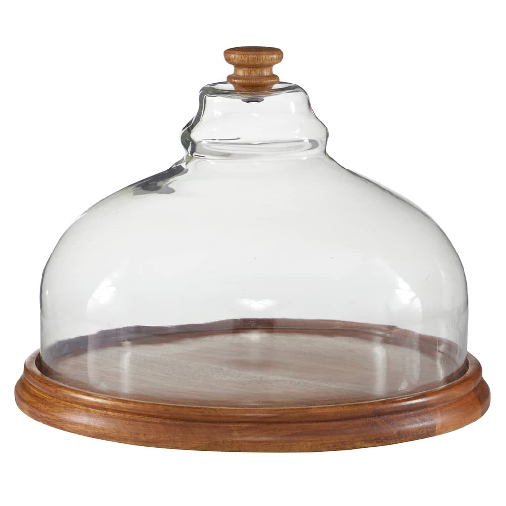 Wood Cake Stand with Glass Lid - Brown - Roche River Decor - 13"W x 13"L x 10"H