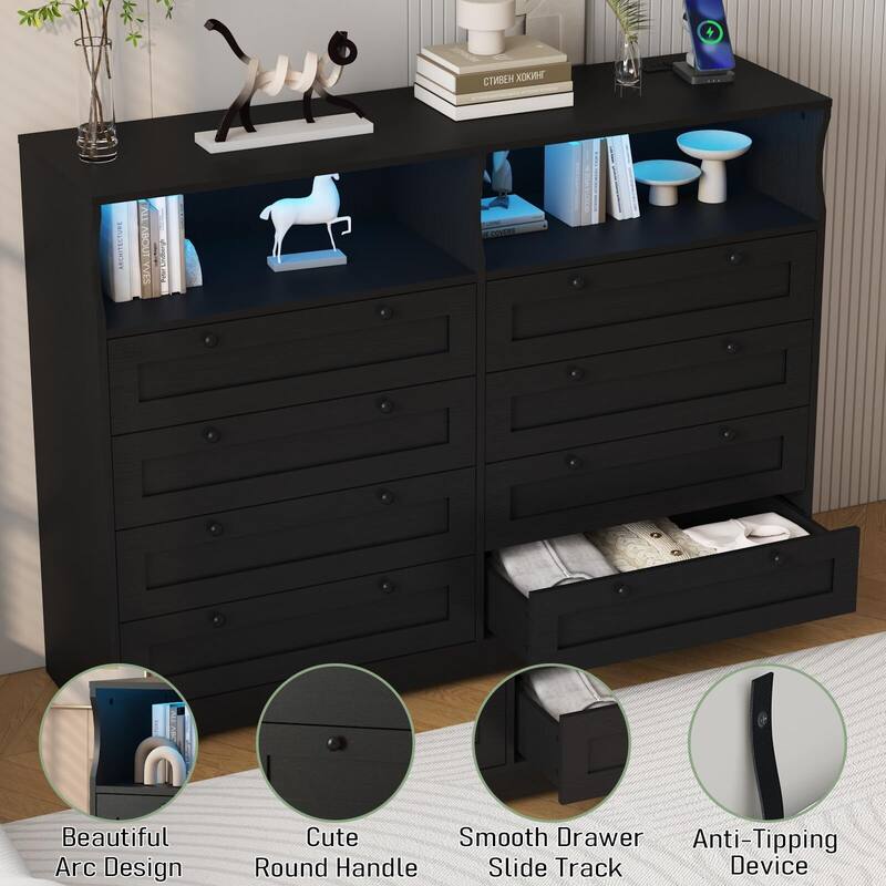 8 Drawers Wooden Dressers for Bedroom Living Room, Hallway, Wood Dressers with Led Lights and Charging Station