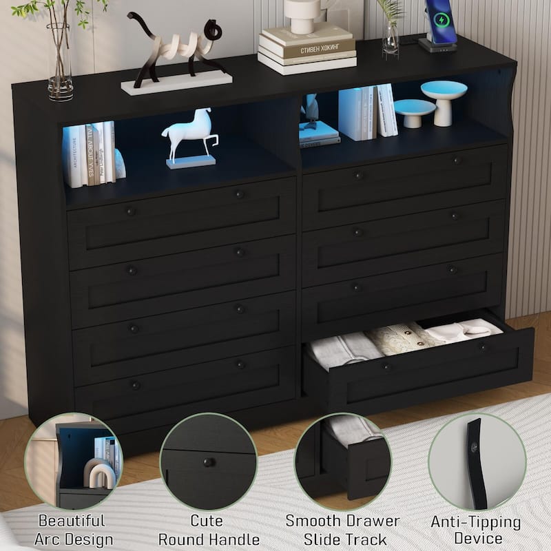 8 Drawers Wooden Dressers with Charging Station