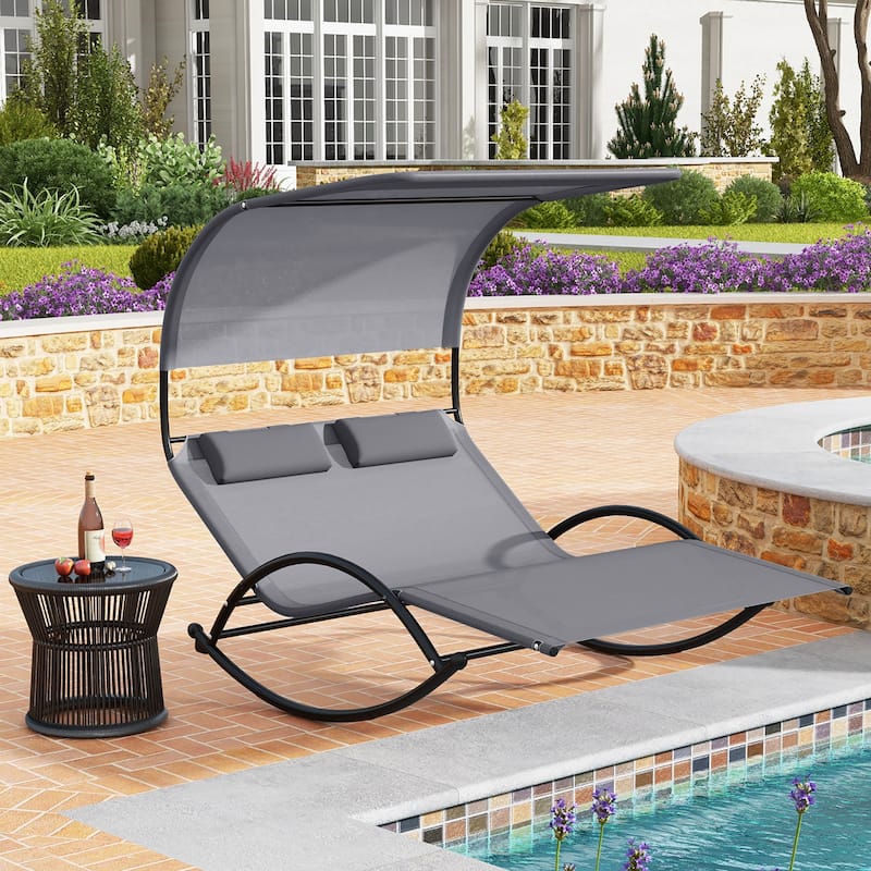 Gymax Outdoor Double Chaise Rocker Rocking Daybed Sun Lounger w/ Sun