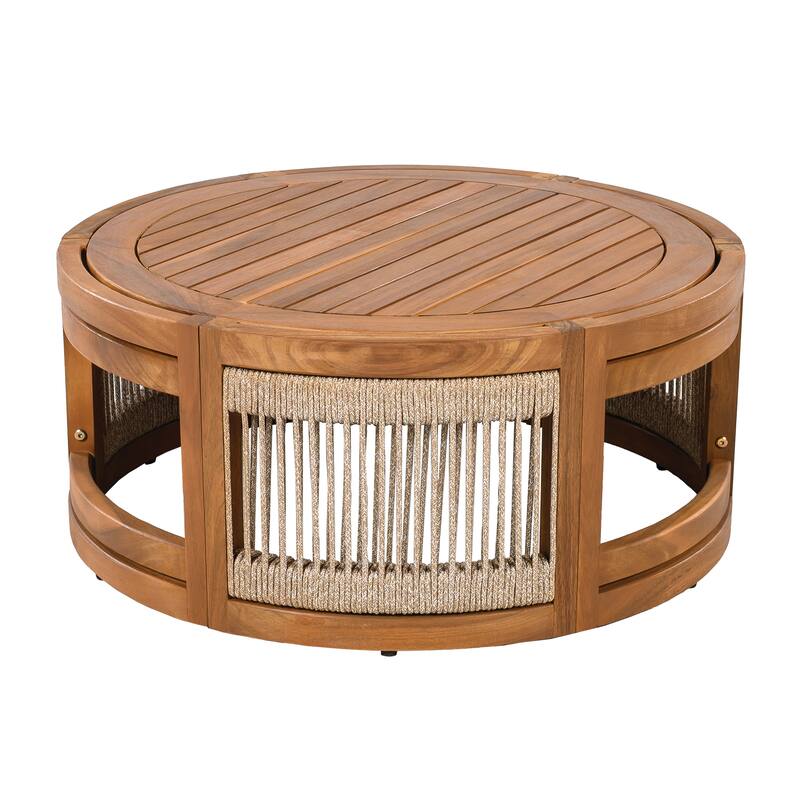 27.95" Acacia Wood Outdoor Coffee Table, Handwoven Rope Accent Boho Patio Table with All-Weather Durability