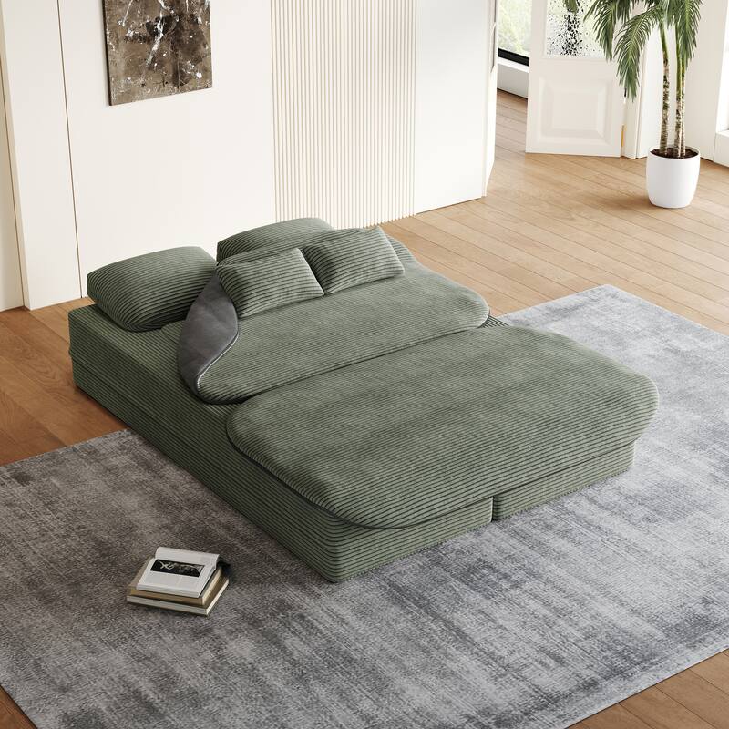 2-in-1 Floor Sleeper Sofa Bed Corduroy Foldable Sofa with Functional Blanket and Pillows for Living Room Bedroom Studio