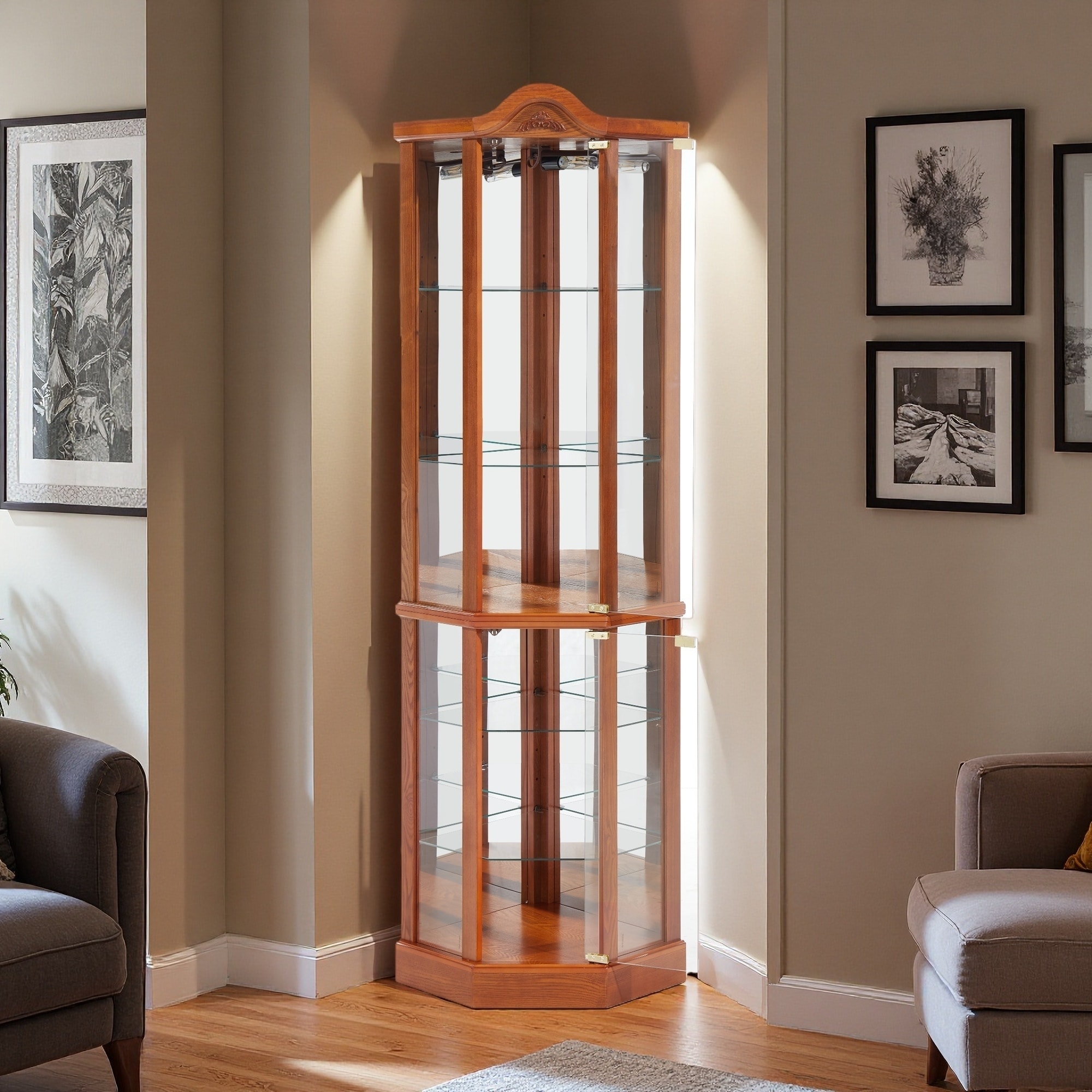 71.93"H Lighted Glass Display Cabinet with Carved Detail & Adjustable Shelves