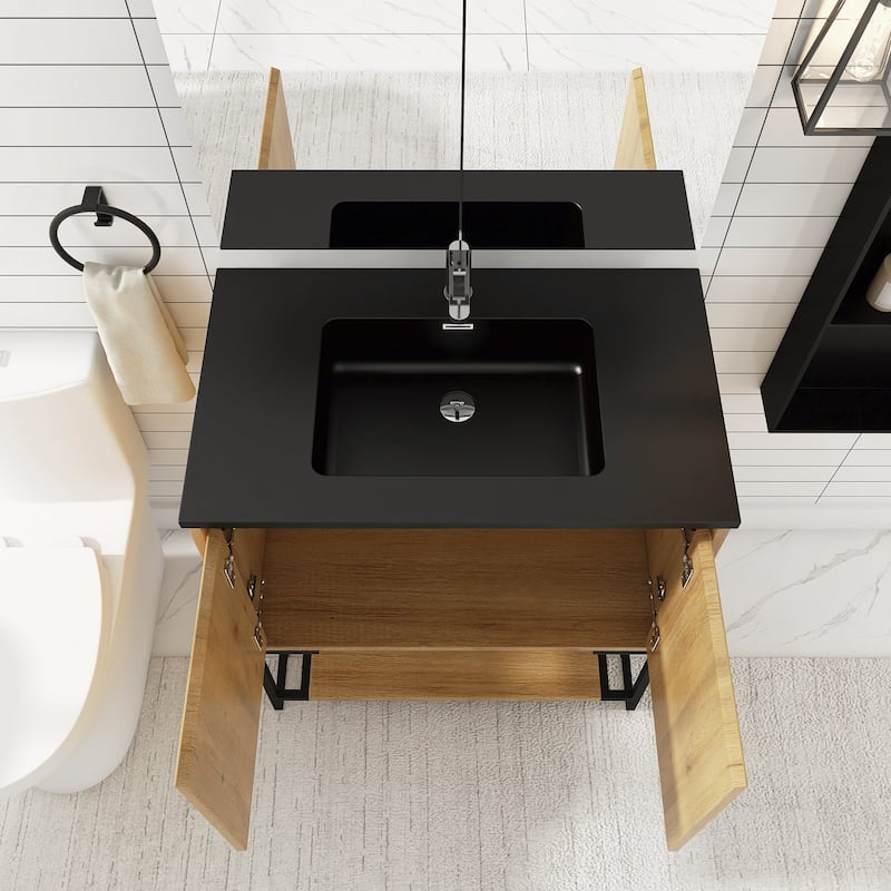 Freestanding Bathroom Vanity Set in Oak with Integrated Solid Surface Sink