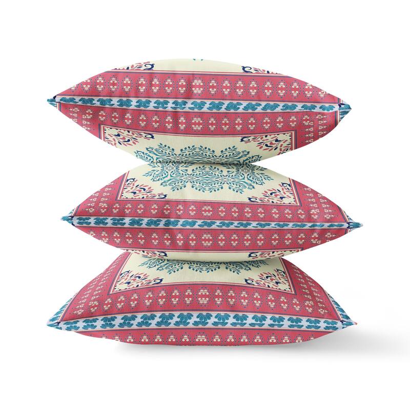 HomeRoots 26" X 26" Cream And Blue Blown Seam Damask Indoor Outdoor Throw Pillow