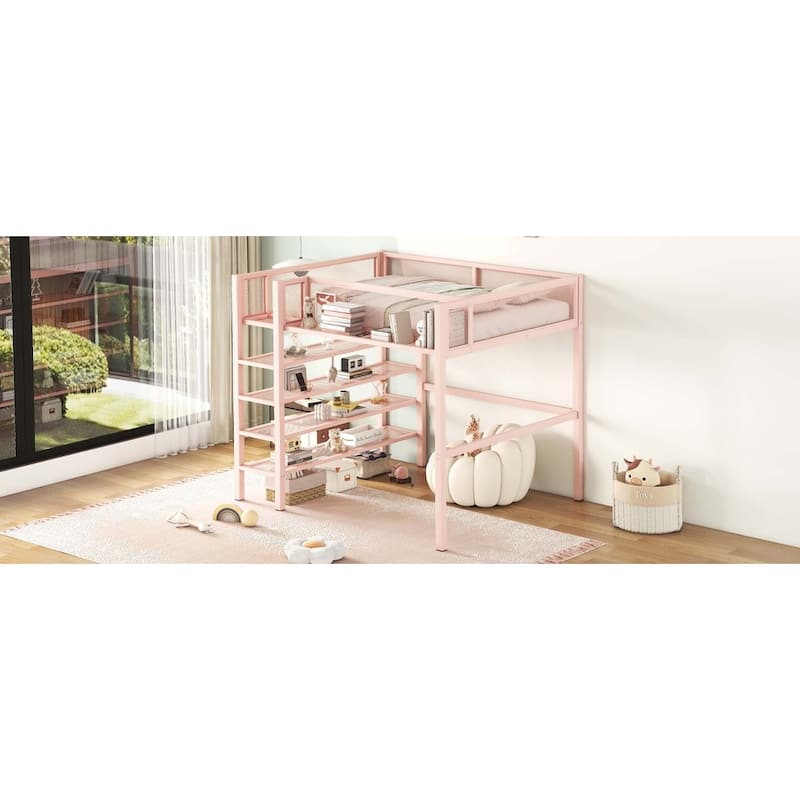Metal Loft Bed with 4-Tier Shelves and Storage