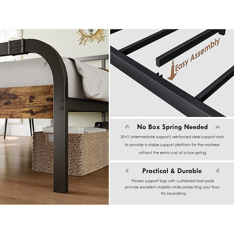 Industrial Platform Bed with Strong Metal Support, Wooden Headboard and Footboard
