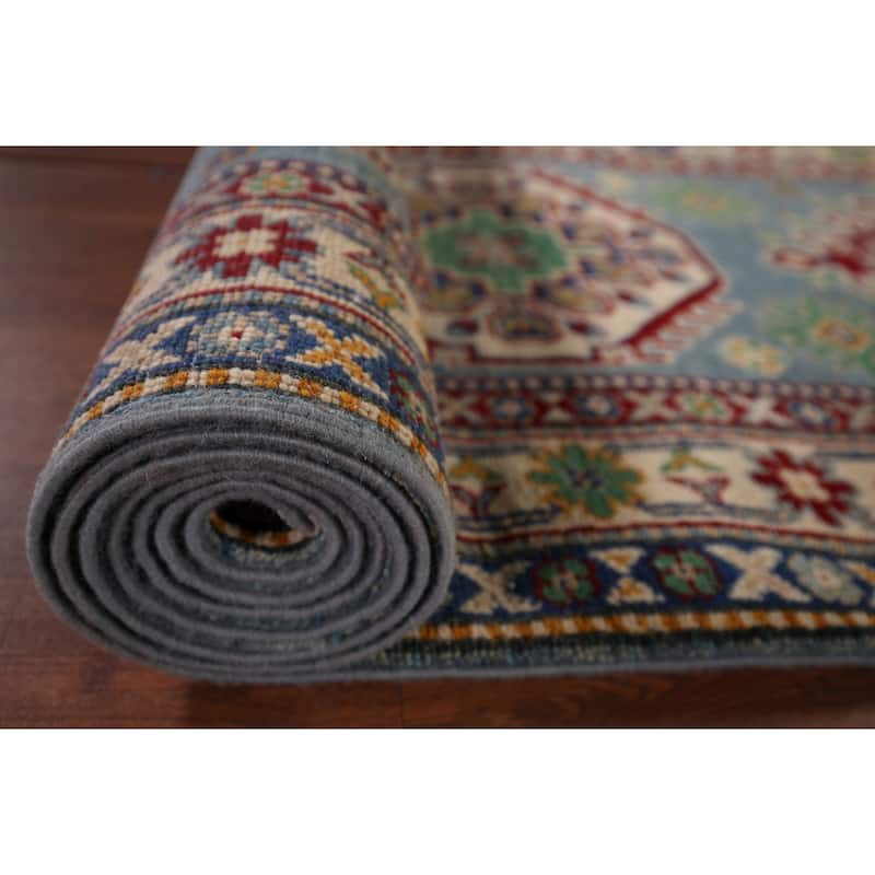Light Blue Kazak Oriental Runner Rug Handmade Geometric Wool Carpet - 2'7" x 12'7"