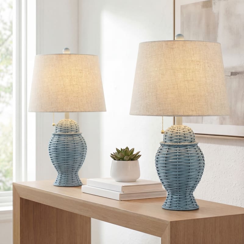 Hunter Wicker 20.5" Bohemian Rustic Iron LED Table Lamp, by JONATHAN Y - Blue
