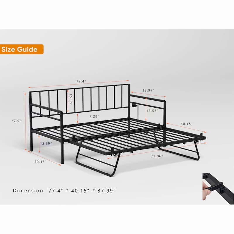 Twin Size Metal Daybed with RGB LED Lights,Charging Station,Trundle