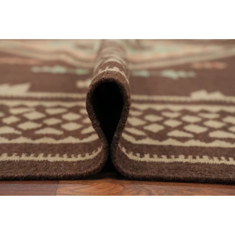 Hand Woven Oriental 100% Wool Carpet Southwestern Tribal Brown Kilim Area Rug - 9' 6'' X 8' 2''