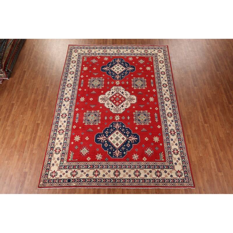 Red Kazak Area Rug Hand-Knotted Geometric Wool Carpet - 9'0" x 12'4"