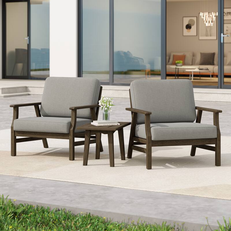 3 Piece Wood Patio Armchair Outdoor Bistro Set with Side Table