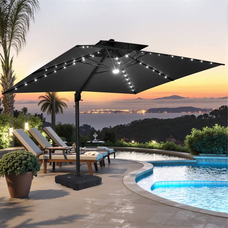 Pellebant 10 x 13FT Outdoor Rectangular Cantilever Patio Umbrella Solar LED Lighted with HDPE Base - Black