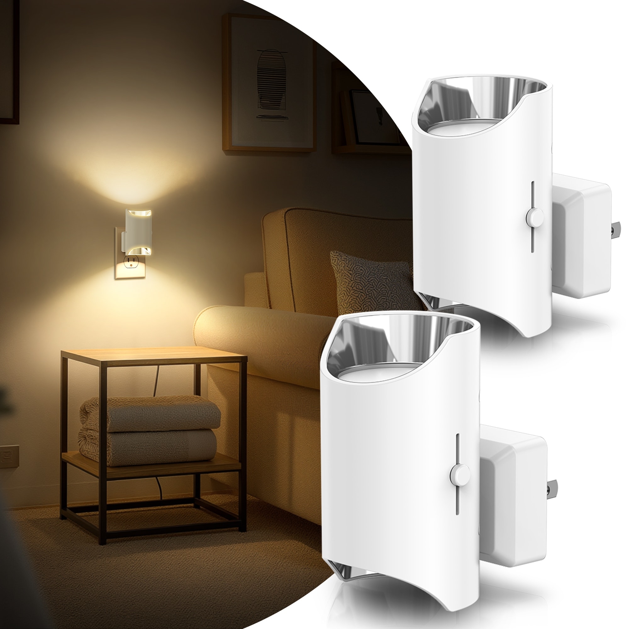 YANSUN Set of 2 Plug-in Dusk-to-Dawn Night Lights, White Cylinder Wall Lamp, 3000K Warm Light, Sliding Dimmer, Chrome Accent
