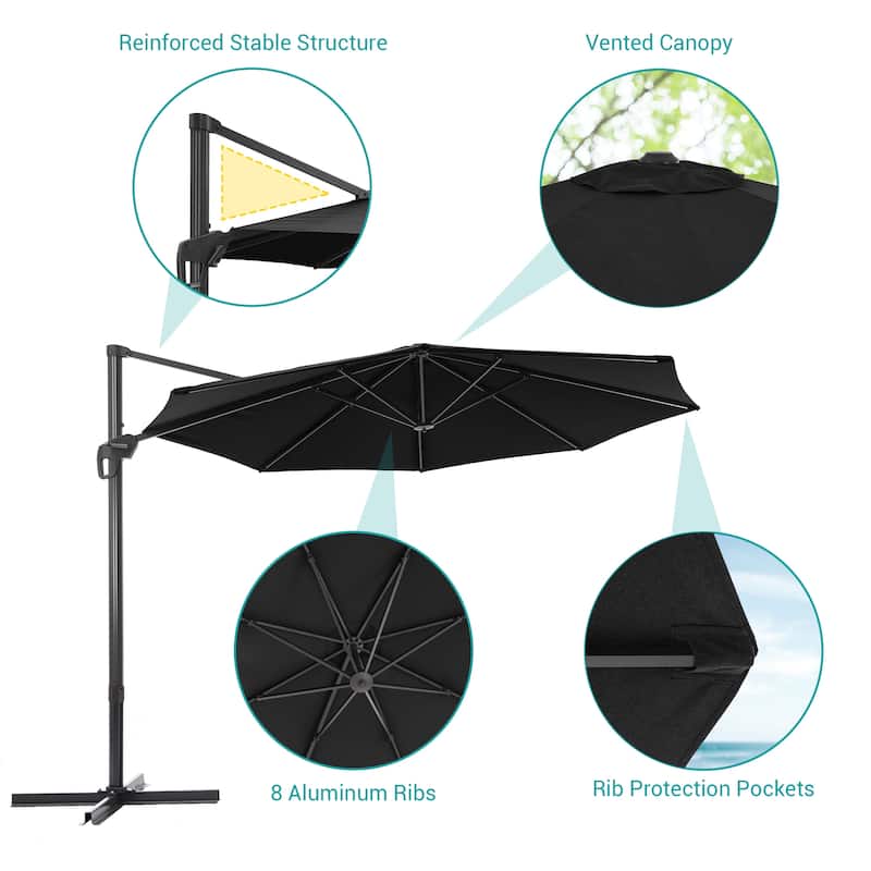 BONOSUKI 11FT LED Cantilever Patio Umbrella 360 Rotation w/Cross Base