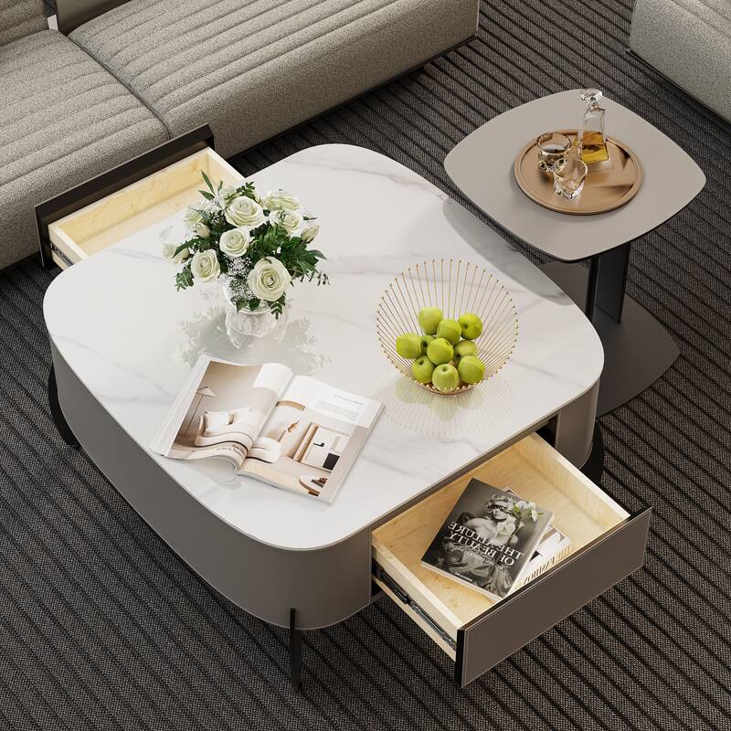 Rounded Square Sintered Stone Coffee Table Microfiber Saddle Leather - 32"