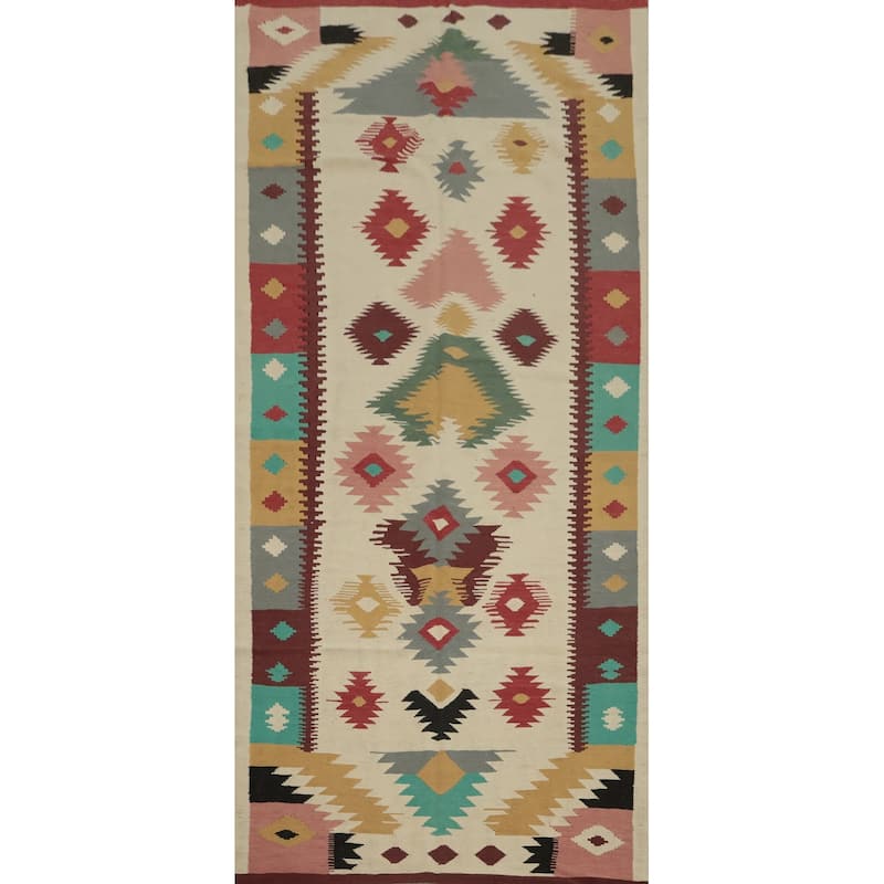 Hand Woven Oriental 100% Wool Carpet Southwestern Tribal Beige & Ivories Kilim Area Rug - 11' 9'' X 4' 10''