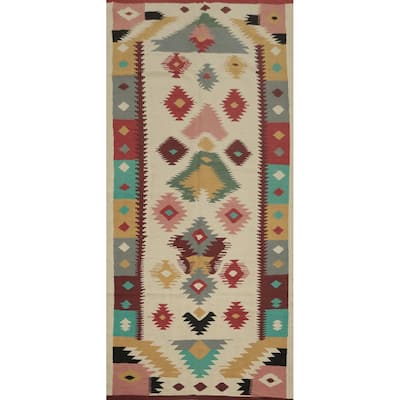 Hand Woven Oriental 100% Wool Carpet Southwestern Tribal Beige & Ivories Kilim Area Rug - 11' 9'' X 4' 10''