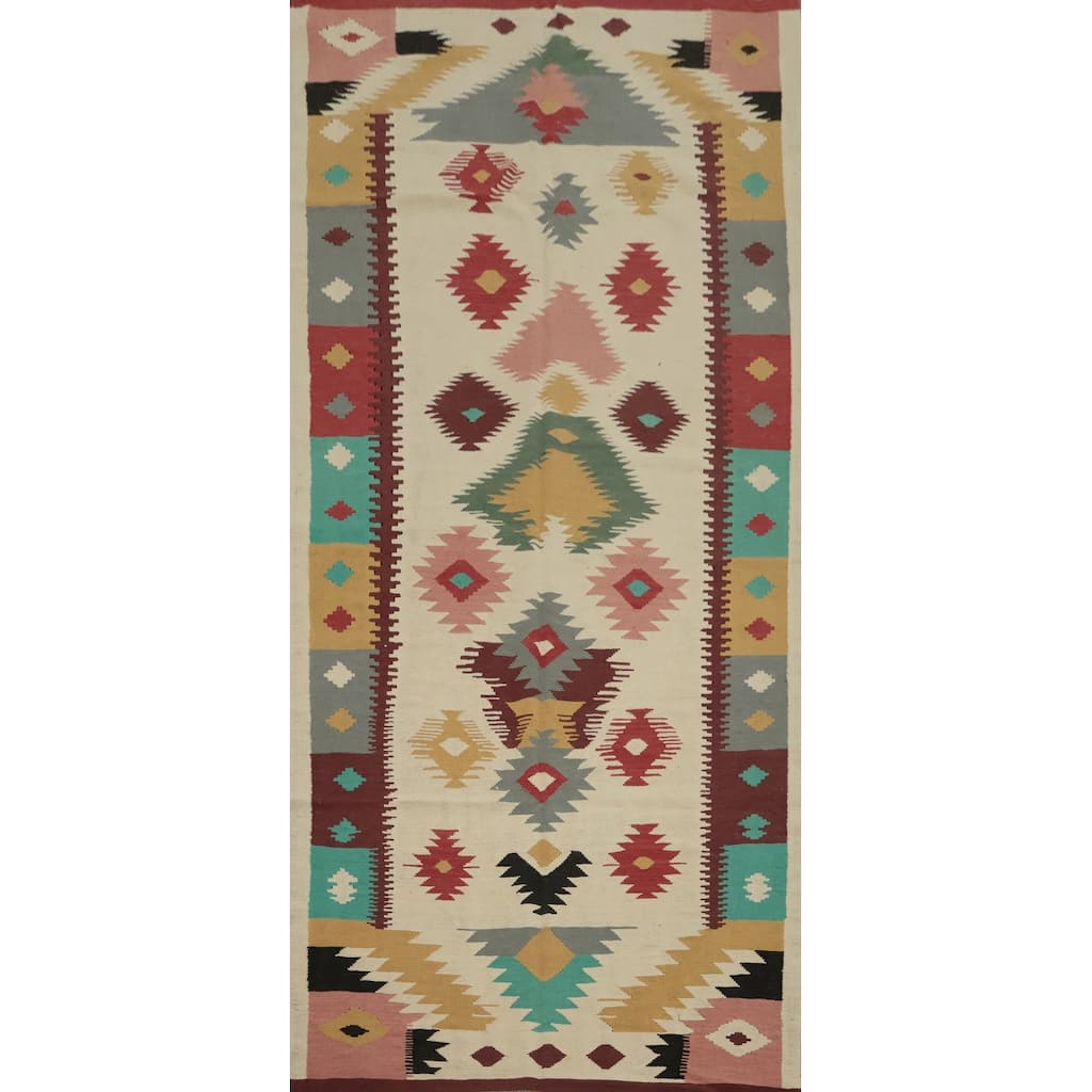 Hand Woven Oriental 100% Wool Carpet Southwestern Tribal Beige & Ivories Kilim Area Rug - 11' 9'' X 4' 10''