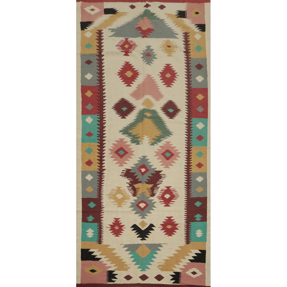 Hand Woven Oriental 100% Wool Carpet Southwestern Tribal Beige & Ivories Kilim Area Rug - 11' 9'' X 4' 10''