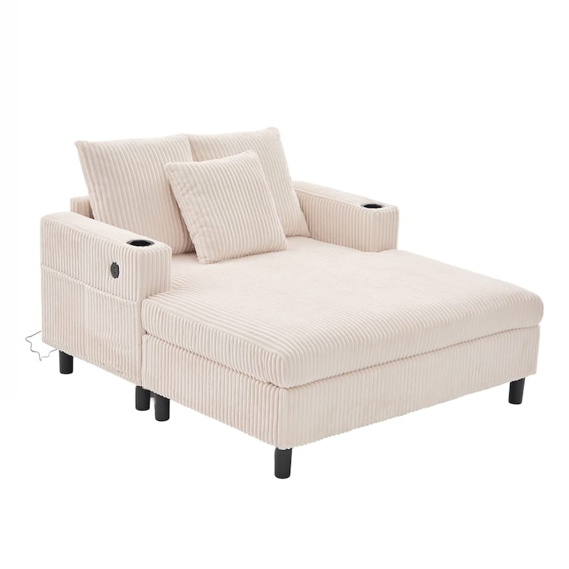 Modern Corduroy Oversized Recliner Sofa with Deep Seat, 3 Pillows, USB Charging, RGB LED Light Strip, Cup Holder, Side Pocket