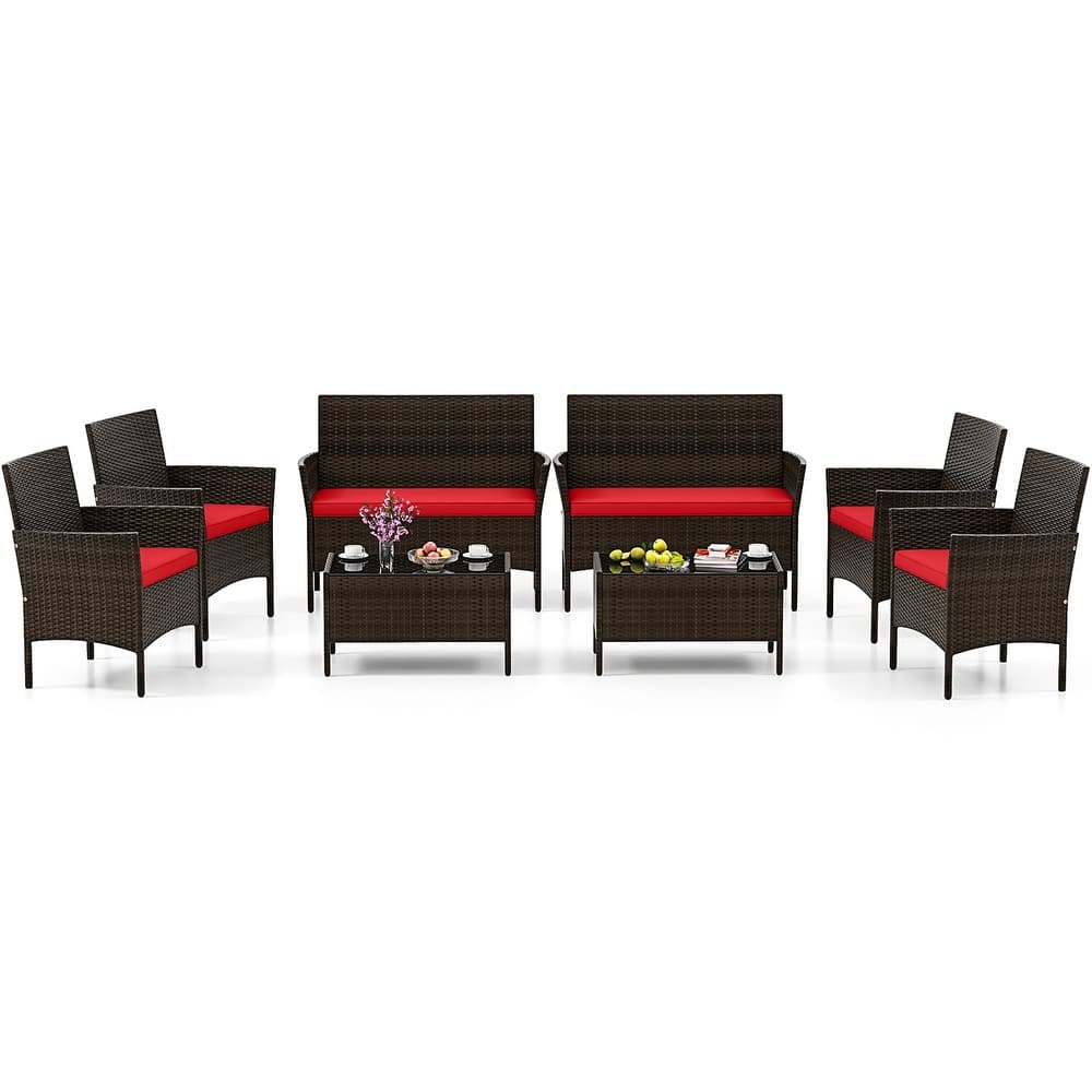 Gymax 8 PCS Patio Furniture Set w/Washable Cushions & Tempered Glass