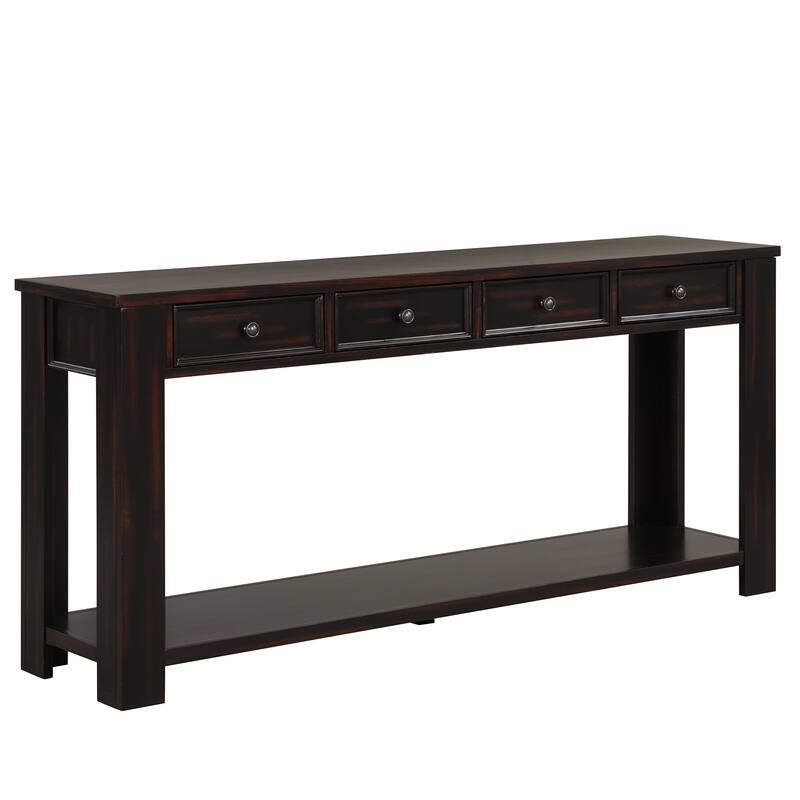 Pine Wood Console Table with 4 Drawers and Bottom Shelf for Entryway Hallway