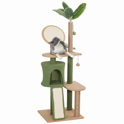 PawHut Cat Tree for Large Adult Indoor Cat with Green Leaves, 55 Inch Cat Tower with Cat Scratching Posts, Cat Condo, Green