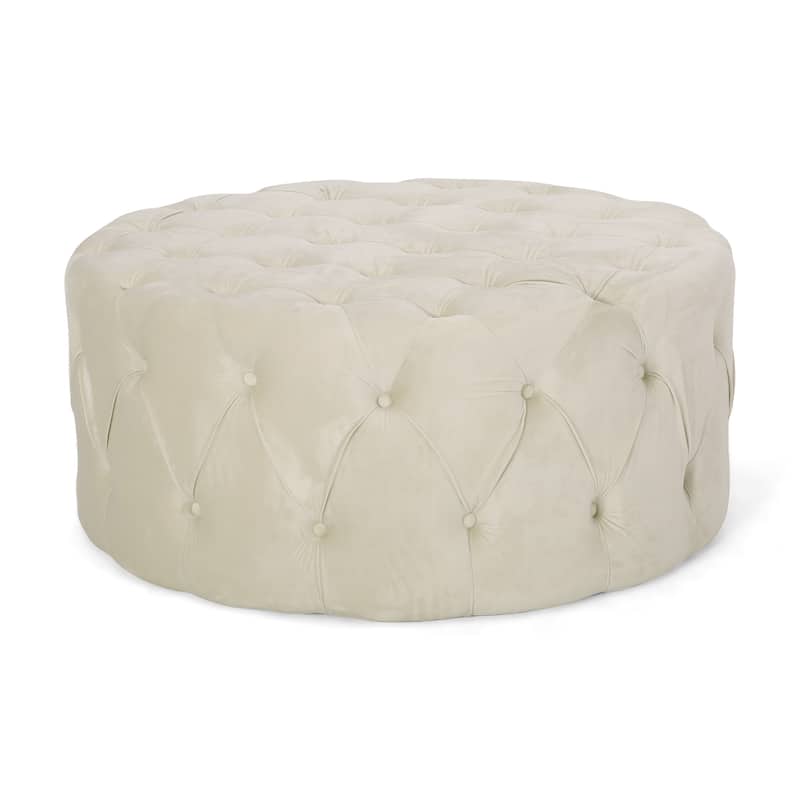 Orla Modern Glam Round Tufted Velvet Ottoman by Christopher Knight Home - Beige