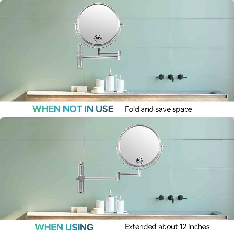 8 inch Wall Mounted Round Frame Makeup Mirror, 1X/10X Magnifying, Height Adjustable