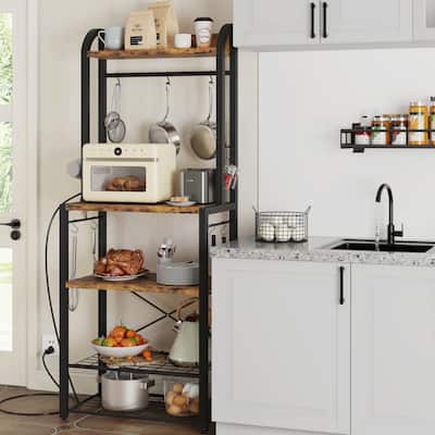 Bakers Rack with Power Outlet, Industrial Microwave Stand, Coffee Bar Table Station with Metal Wire Panel, Kitchen Storage Rack