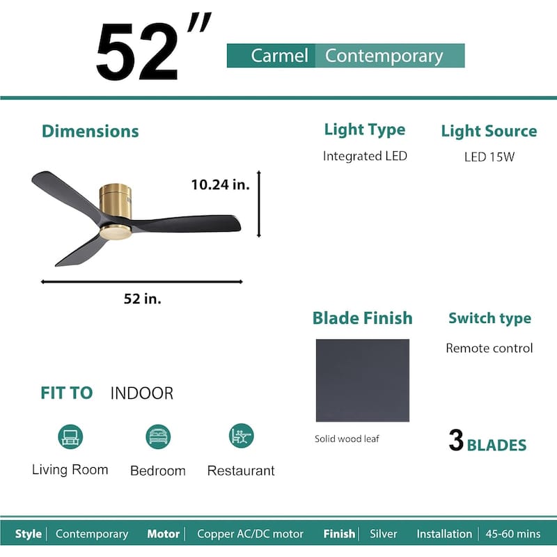 52" Flush Mount Ceiling Fan without Light,Reversible DC Motor,Wood Blades,Gold and Black - 52 Inch