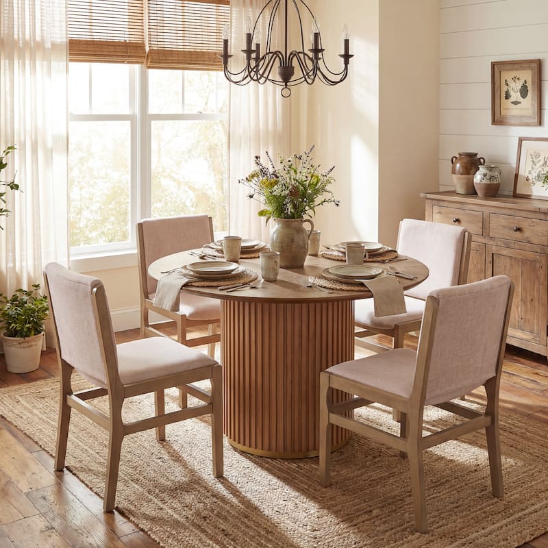 Christopher Knight Home - Mid-Century Modern 5-Piece Round Pedestal Dining Set with Upholstered Armless Dining Chairs