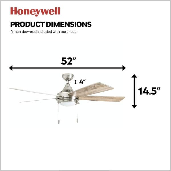 52" Honeywell Ventnor Brushed Nickel Modern Farmhouse Indoor LED Ceiling Fan with Light, Pull Chain