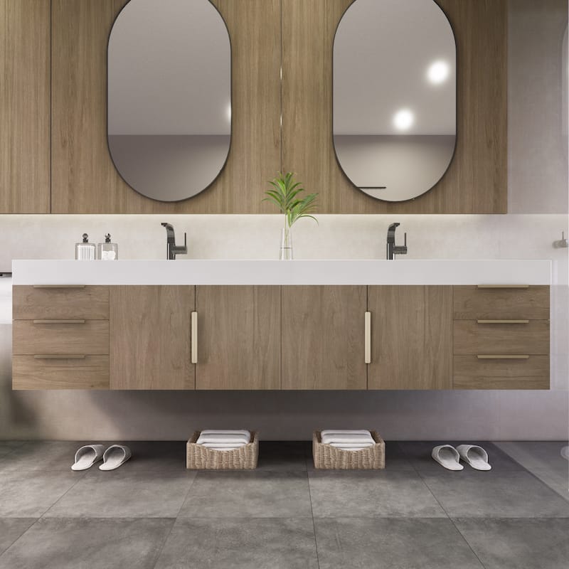 Noble 84" Wall Mounting Vanity with Reinforced Acrylic Double Sink - 84" Width - Wood Finish - White Oak