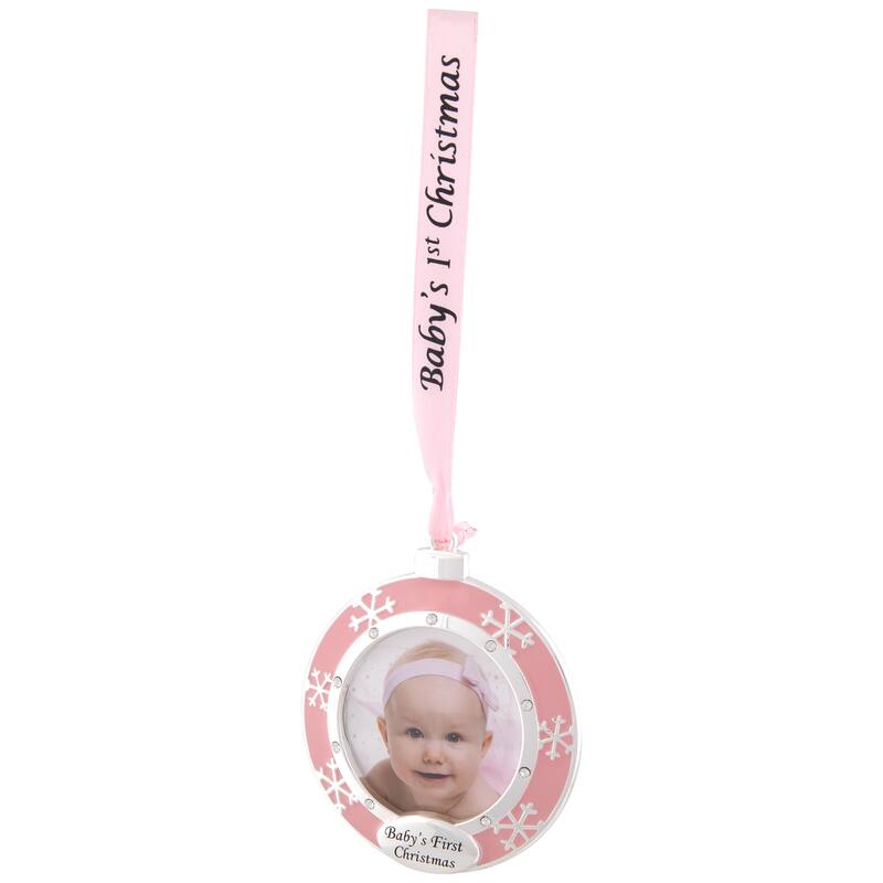 3" Pink Silver-Plated Baby's First Christmas Photo Ornament