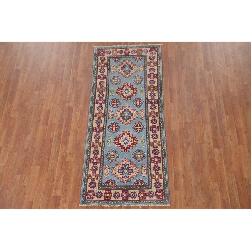 Hand Knotted Oriental 100% Wool Carpet Traditional Geometric Navy Blue & Blues Kazak Runner Rug - 6' 6'' X 2' 9''