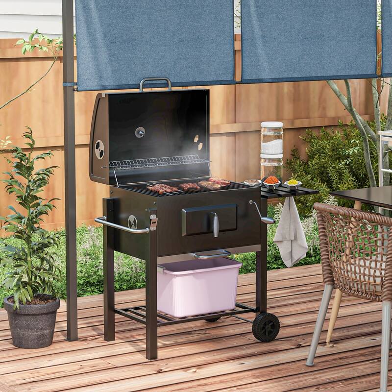 Black Charcoal BBQ Grill with Large Cooking Grates Warming Rack and Heavy-Duty Lid - 44.5" L x 25.5" W x 42.5" H