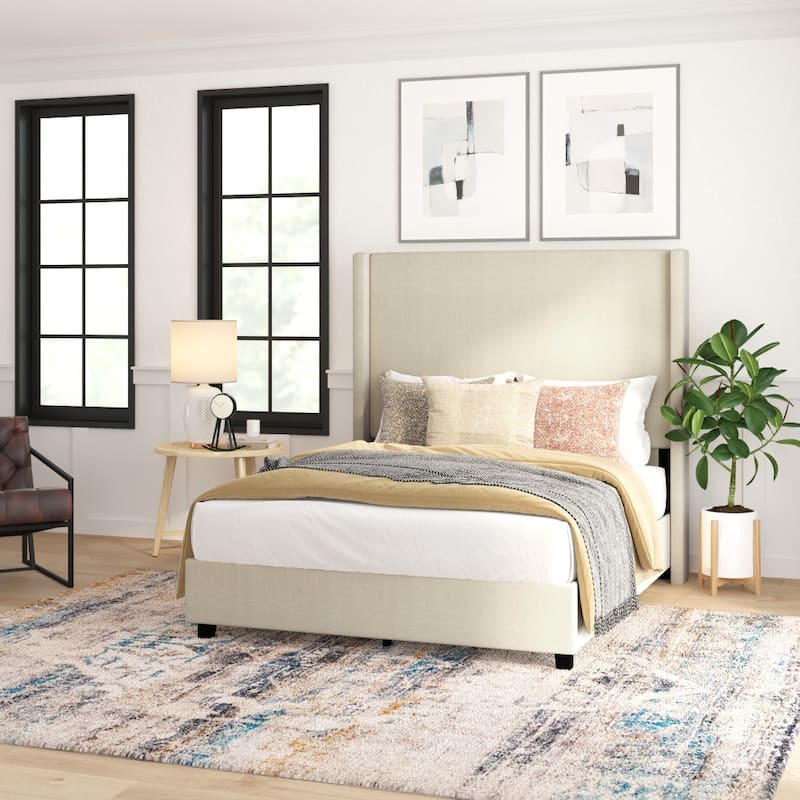 Upholstered Platform Bed with Channel Stitched Headboard - Beige - Full