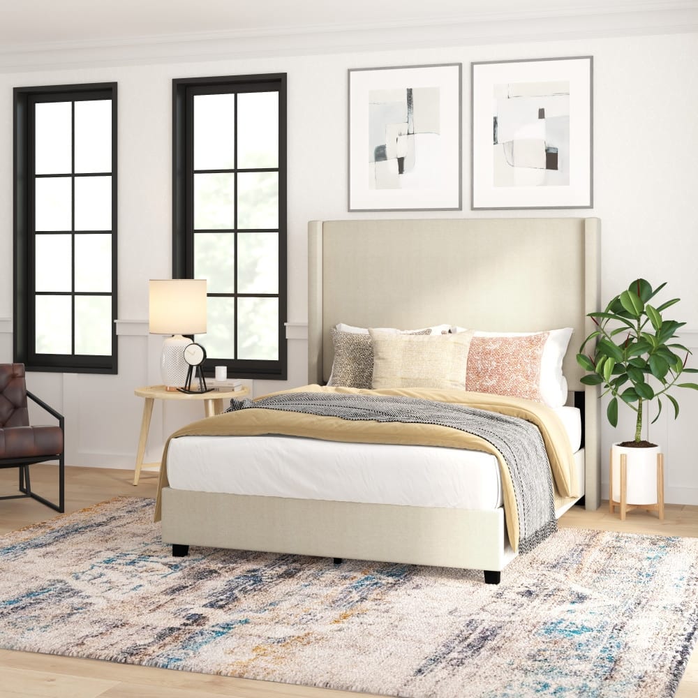 Modern Upholstered Platform Bed with Channel Stitched Headboard