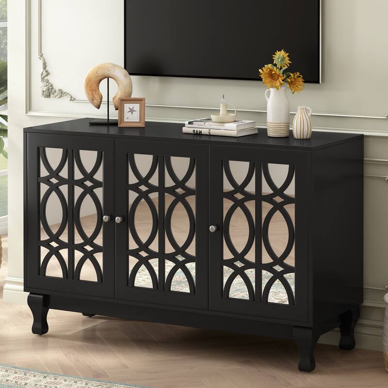 47.25" Mirror TV Stand with 3 Doors featuring Floral Accents - Black
