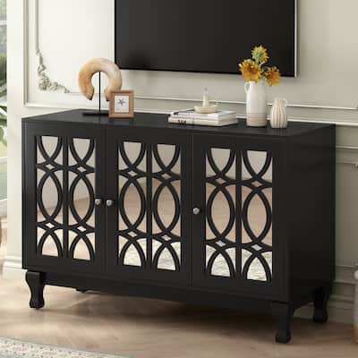 Roomfitters Mirrored TV Stand for up to 55 Inch TV, Modern Entertainment Console with Adjustable Shelves and Metal Handle, Black