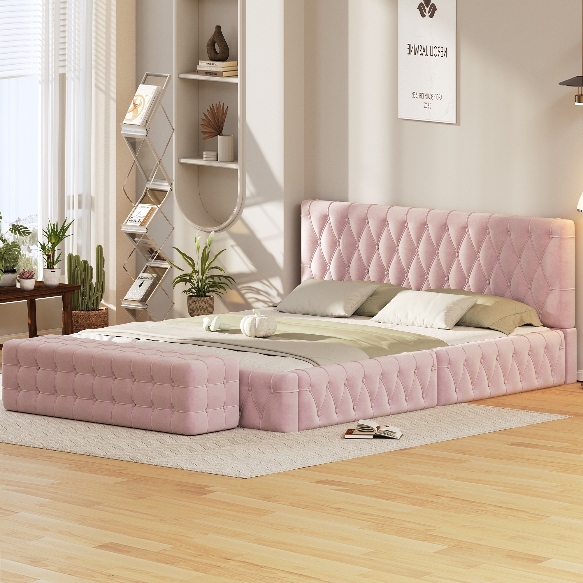 Queen Size Upholstered Bed with Tufted Headboard and Ottoman Queen Size Upholstered Bed with Tufted Headboard and Ottoman