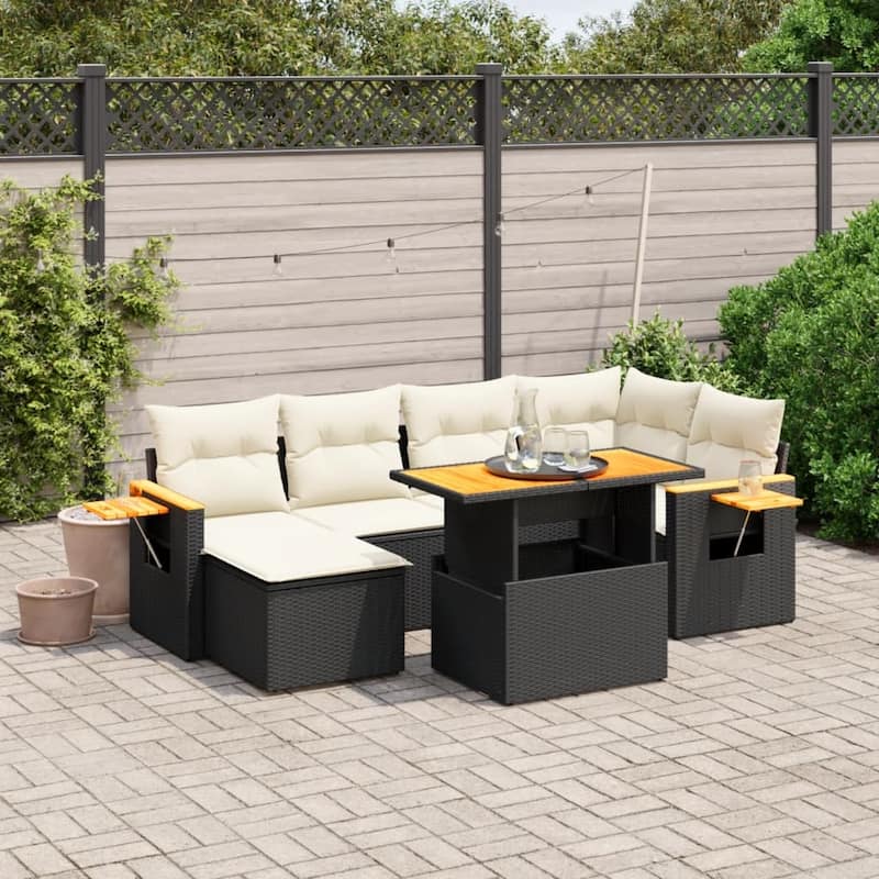 vidaXL Patio Sofa Set with Cushions Footstool and Table 7 Piece Poly Rattan - Black and cream without storage - 21.7 x 39.4 x 28.7 in